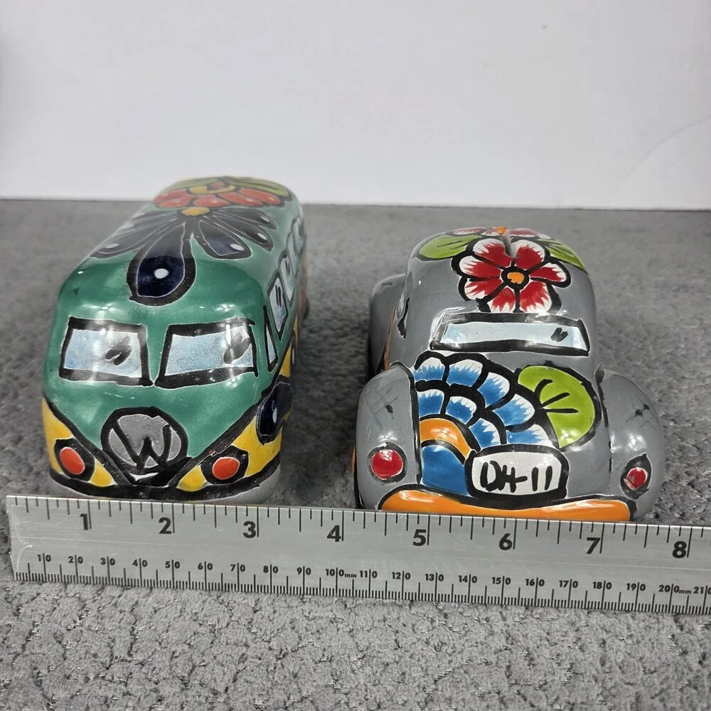 Talavera Pottery Hand Painted VW Beetle And Bus Figurines Mexican Art
